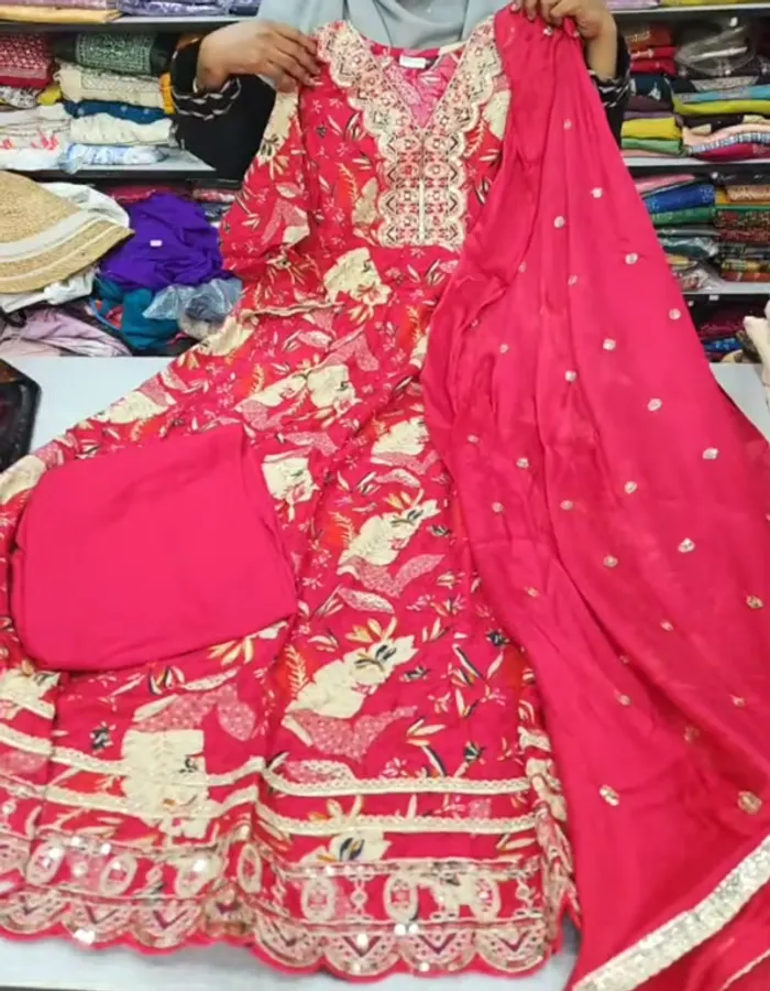 Rayon Long Anarkali Top Bottom Dupatta  | TS3271